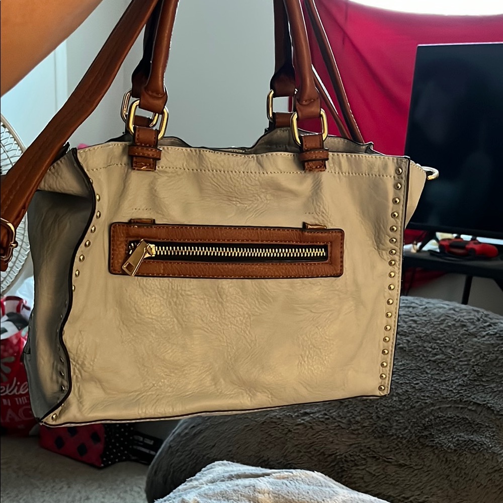 Brown and Blue Shoulder Bag with Leather Accents